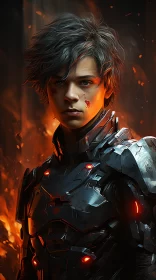 Armored Hero Amidst Flames: A Detailed Sci-Fi Portrait AI Image