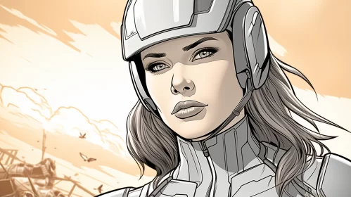 Futuristic Comic Art - Woman in Military Scene with Avian Elements AI Image