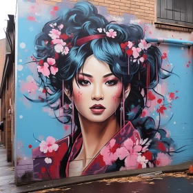 Intricate Urban Mural of an Asian Woman with Floral Elements AI Image