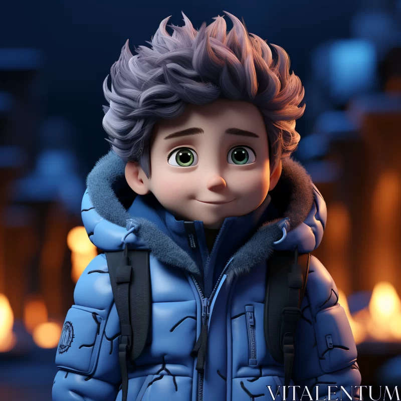 AI ART Cartoon Boy in Blue Jacket Standing by Fire in Snowy Scene