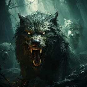 Aggressive Digital Illustration of Three-Eyed Wolves AI Image