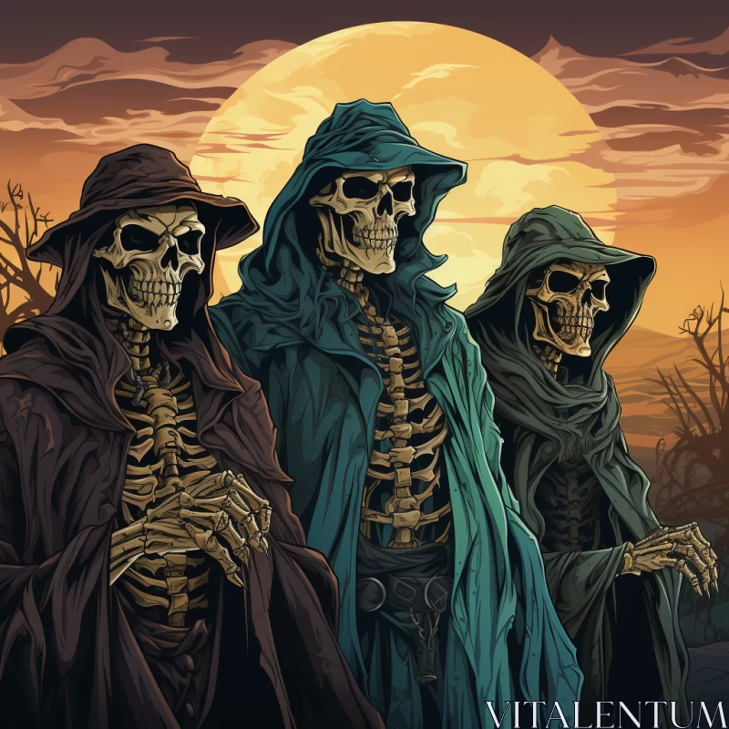 Eerie Graveyard Illustration with Three Grim Reapers AI Image