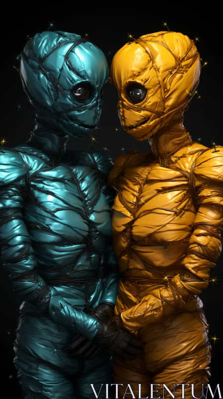 Insectoid Alien Mummies in Blue and Yellow AI Image
