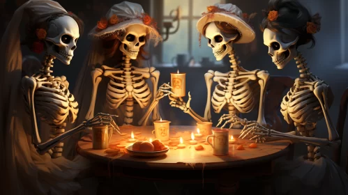 Skeleton Gathering in Lively Tavern - Charming 2D Game Art AI Image