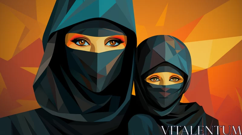 Arabic Women in Hijab: A Geometric Cartoon Abstraction AI Image