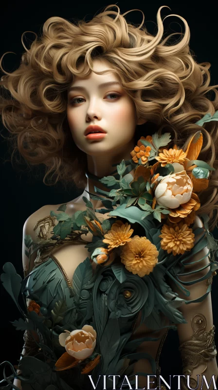 Nature-Inspired Female Portrait with Intricate Floral Details AI Image