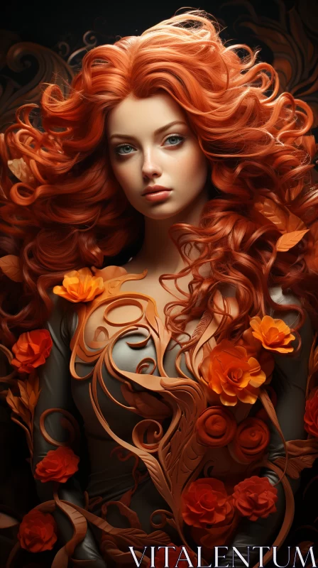 Mysterious Woman with Red Hair and Floral Elements AI Image