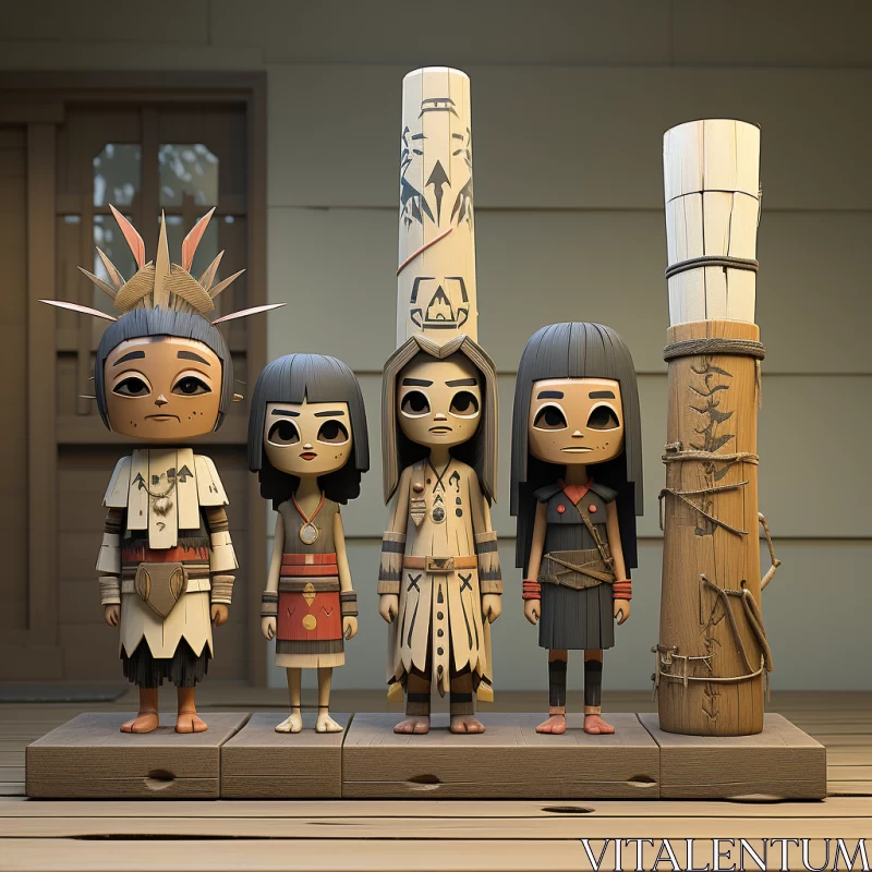 Intricate Wooden Figures in Native Costumes - Artistic Showcase AI Image