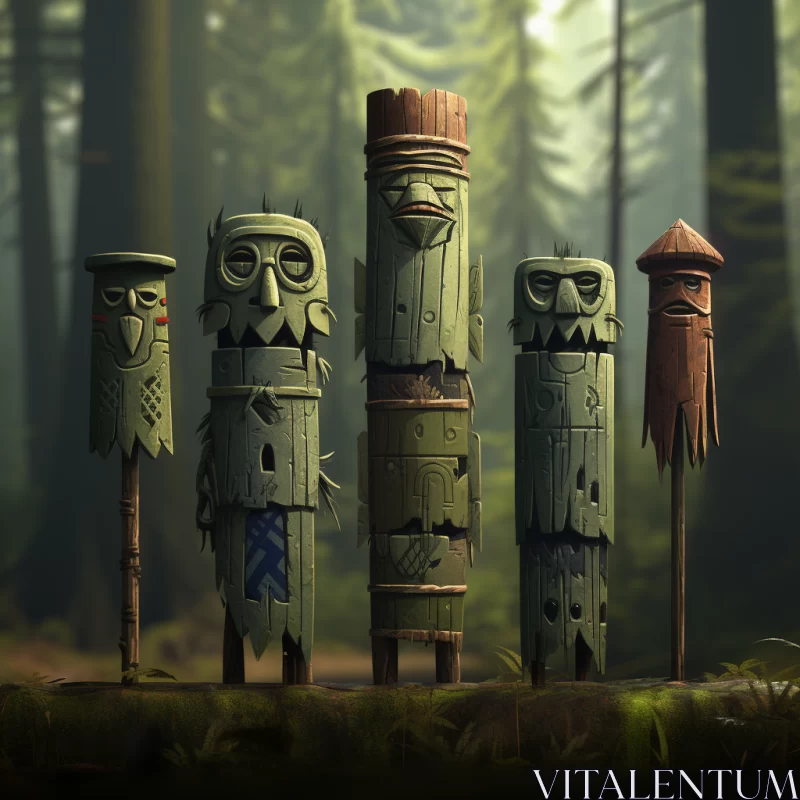 Mystical Forest Scene with Wooden Totem Figures AI Image