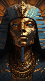 Detailed Illustration of Pharaoh's Face with Blue Eyes and Gold Helmet AI Image