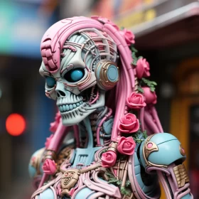 Futuristic Plastic Figure with Blue Hair and Roses on Street AI Image