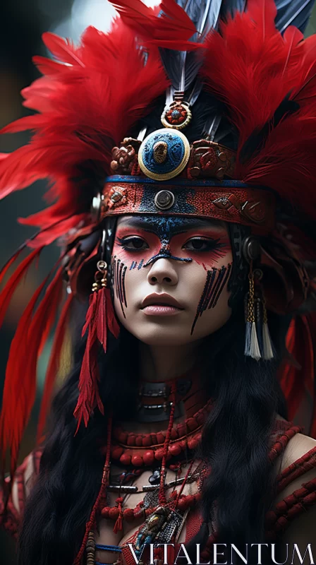 Sunlit Portrait of Woman in Feathered Headdress AI Image