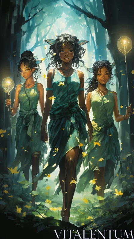 Afrofuturist Forest Journey: Maidens and Candles AI Image