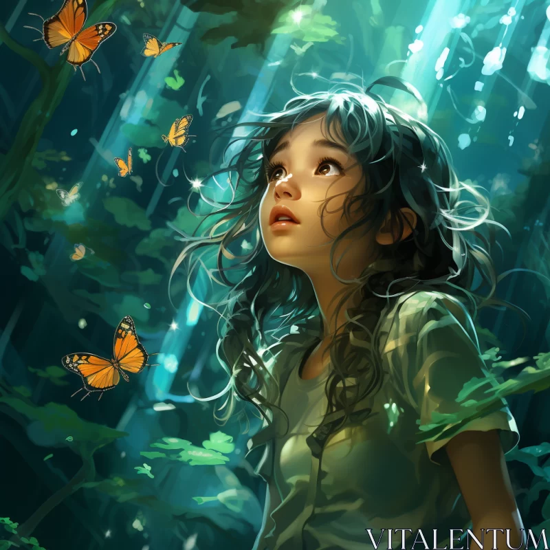Girl in Forest with Butterflies - Children's Book Style Illustration AI Image