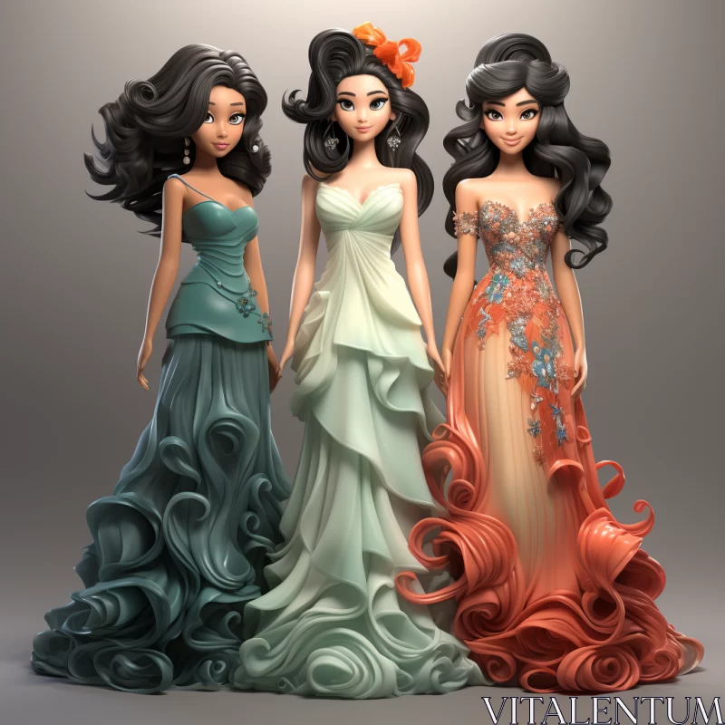 Enchanting 3D Model of Girls in Asian-Inspired Dresses AI Image