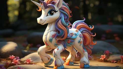 Colorful Unicorn in Flower-Filled Forest - A Playful, Detailed Rendering AI Image