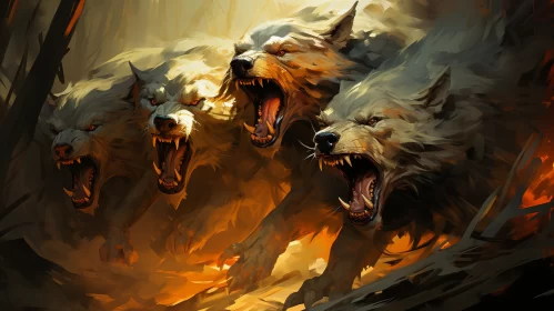 Intense and Fiery Wolves Artwork AI Image