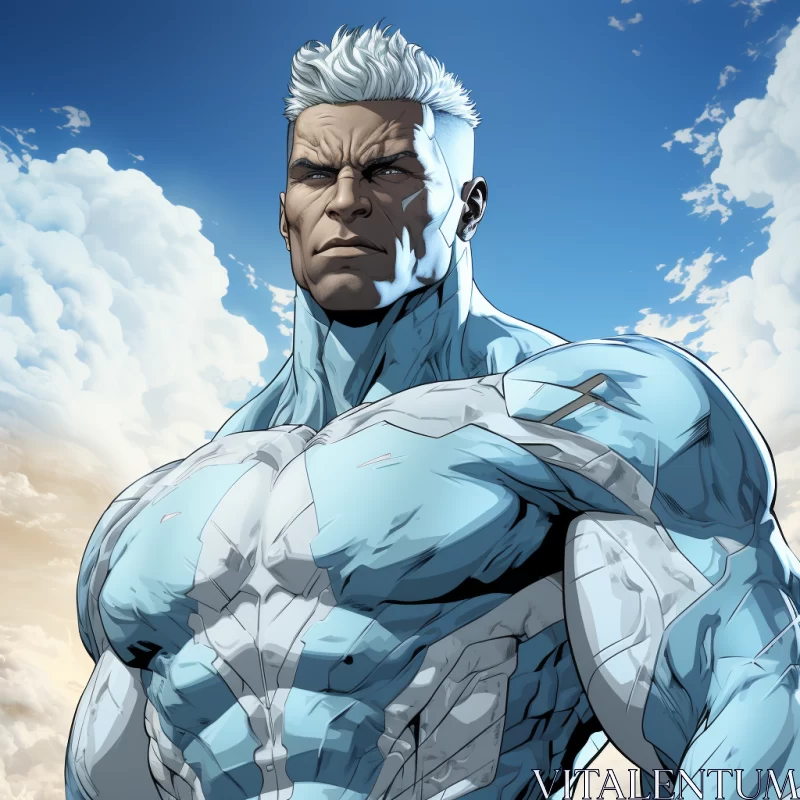 AI ART Blue Lightning Character with White Hair Against Blue Sky