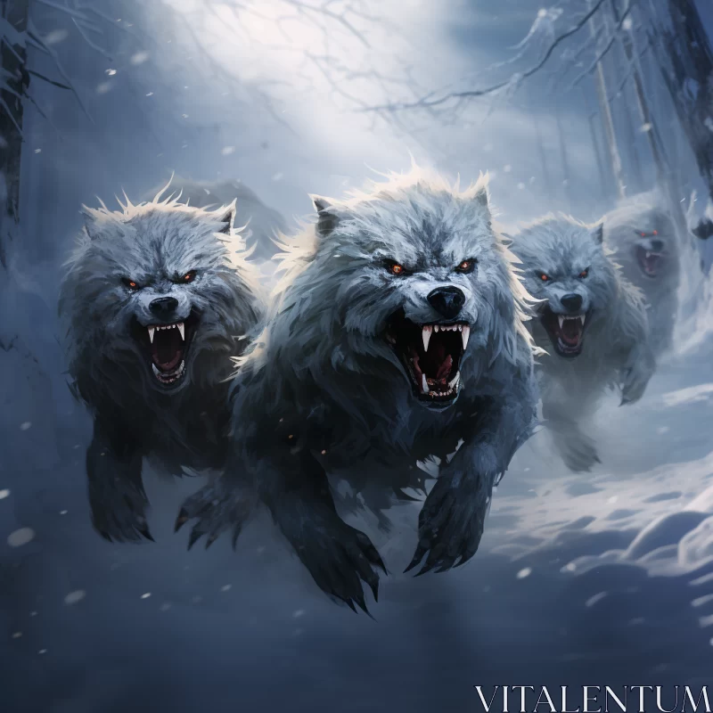 Eerie Snow Scene with Running Wolves AI Image
