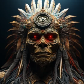 Exotic Tribal Skull with Red Eyes and Feather Headdress