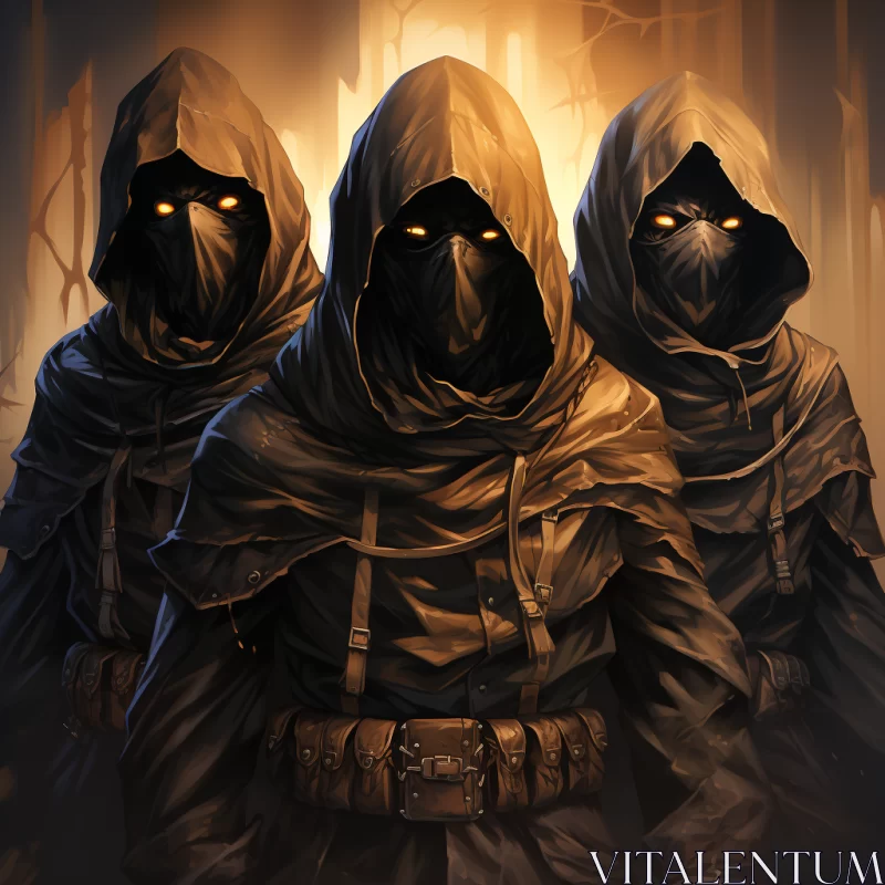 Mysterious Hooded Figures in Dark Fantasy Setting AI Image