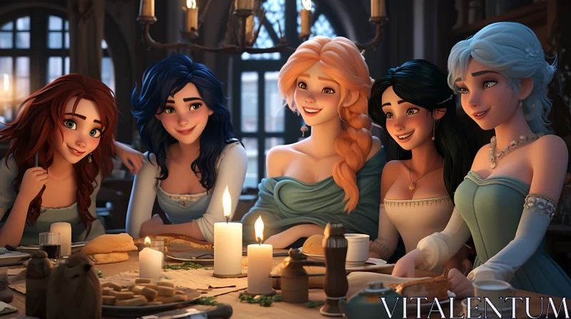 Animated Disney Princess Gathering - A Villagecore Romantic Portrait AI Image