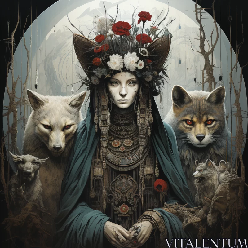 Queen of Wolves: A Moonlit Techno Shamanism Artwork AI Image