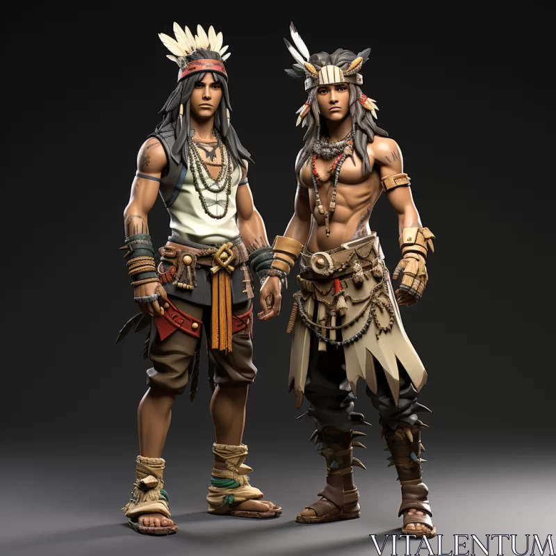 Detailed 3D Rendering of Native Characters in Elaborate Costumes AI Image