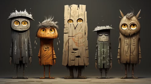 Earthy Expression through Wooden Cartoon Characters
