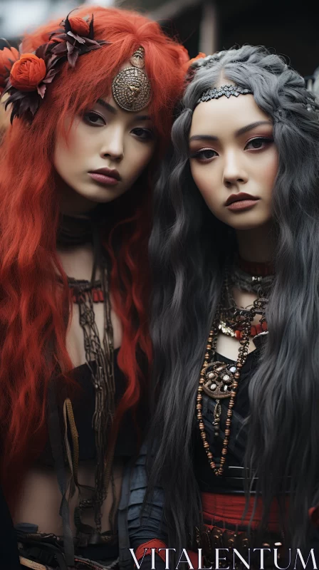 Oriental and Indigenous Influenced Portrait of Two Girls AI Image