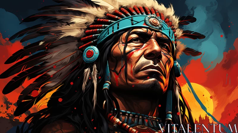 Stunning Portrait of Native American Leader with Feathered Headdress AI Image