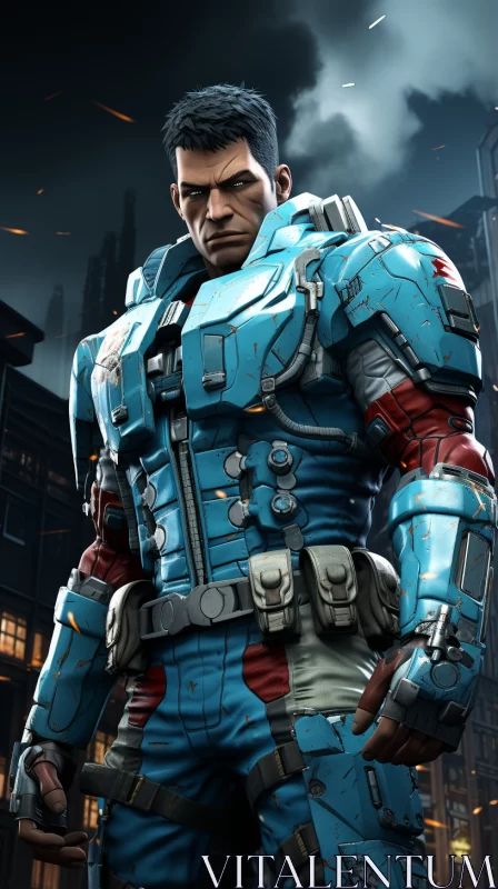 Urban Adventure: Blue Character in Iron Suit AI Image