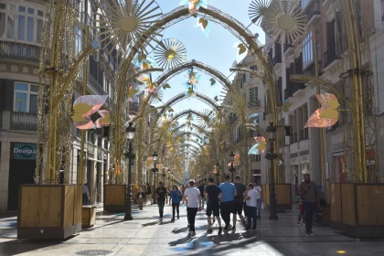 Lively Street Scene with Golden Decorations and Symmetry