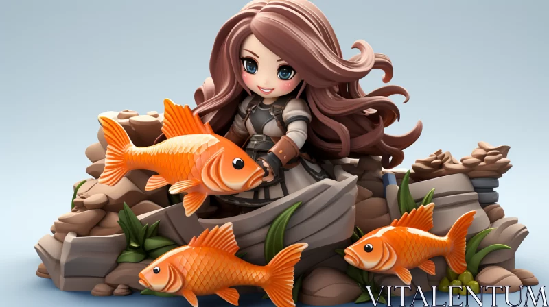 Kawaii Chic Female Character with Fish - 3D Artwork AI Image