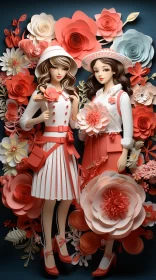 Romantic Paper Art: Girls in Red Dresses with Roses AI Image
