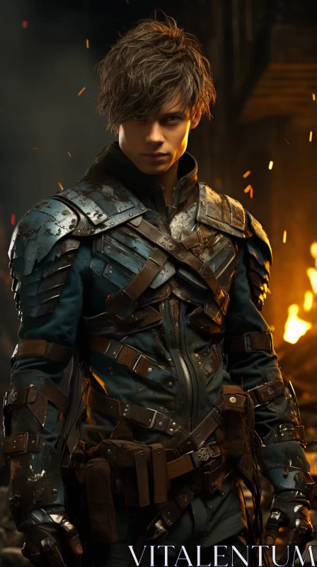 Androgynous Hero in Armor Amidst Flames AI Image