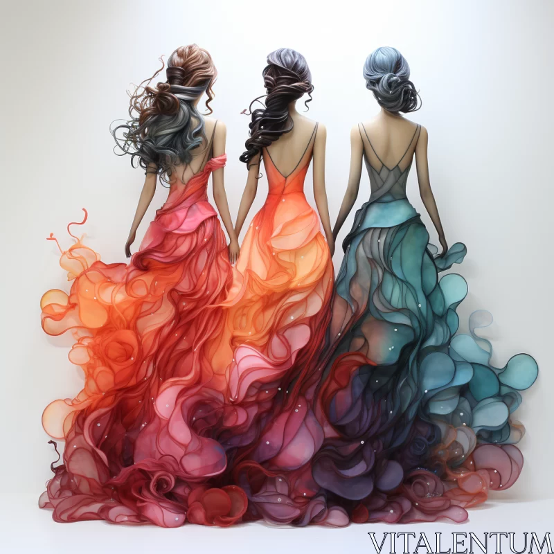 Elegant Women in Fantasy Gowns - Colorful Fashion Art AI Image