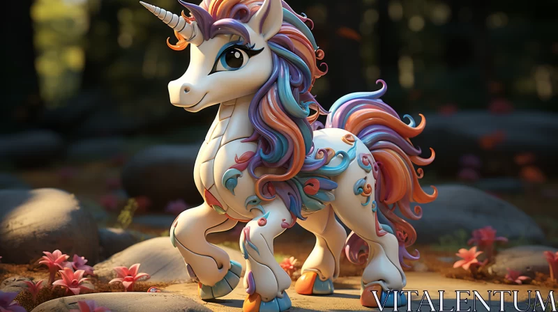 Colorful Unicorn in Flower-Filled Forest - A Playful, Detailed Rendering AI Image