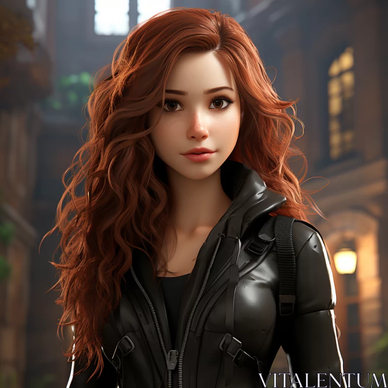 Enigmatic Red Haired Girl in Black Attire AI Image