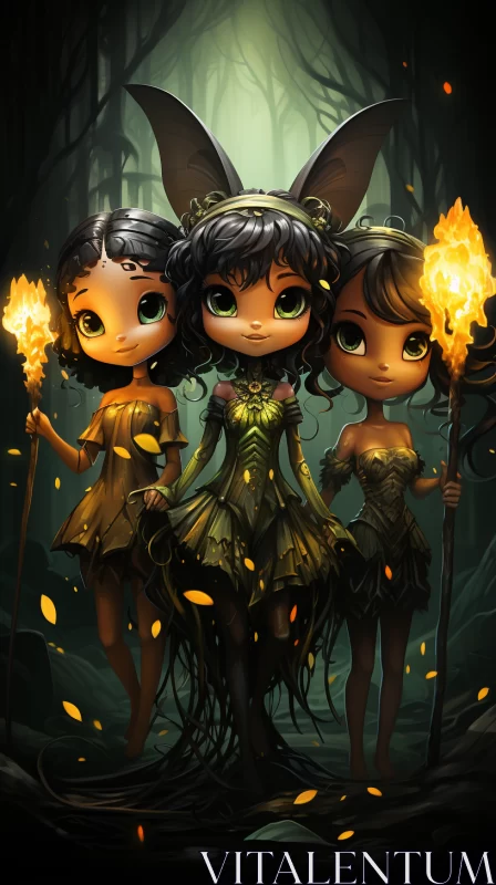 Enchanting Cartoon Friends in Forest with Flames AI Image