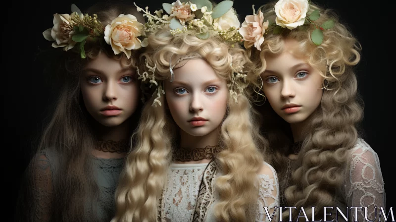 Three Young Girls with Floral Crowns – A Study of Innocence and Symmetry AI Image