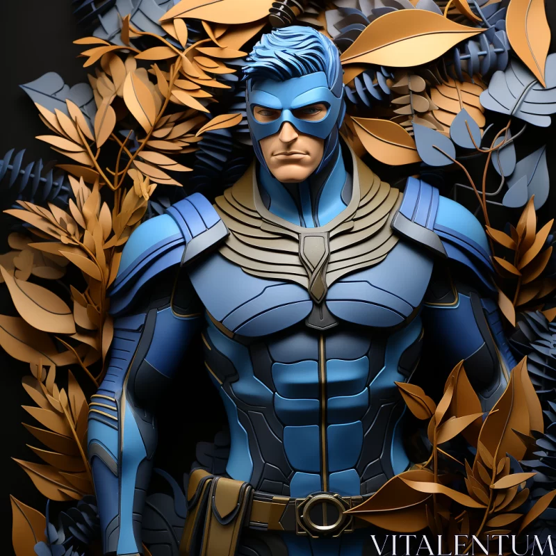 AI ART Blue Superhero amidst Foliage - A Study in Photorealistic Still Life