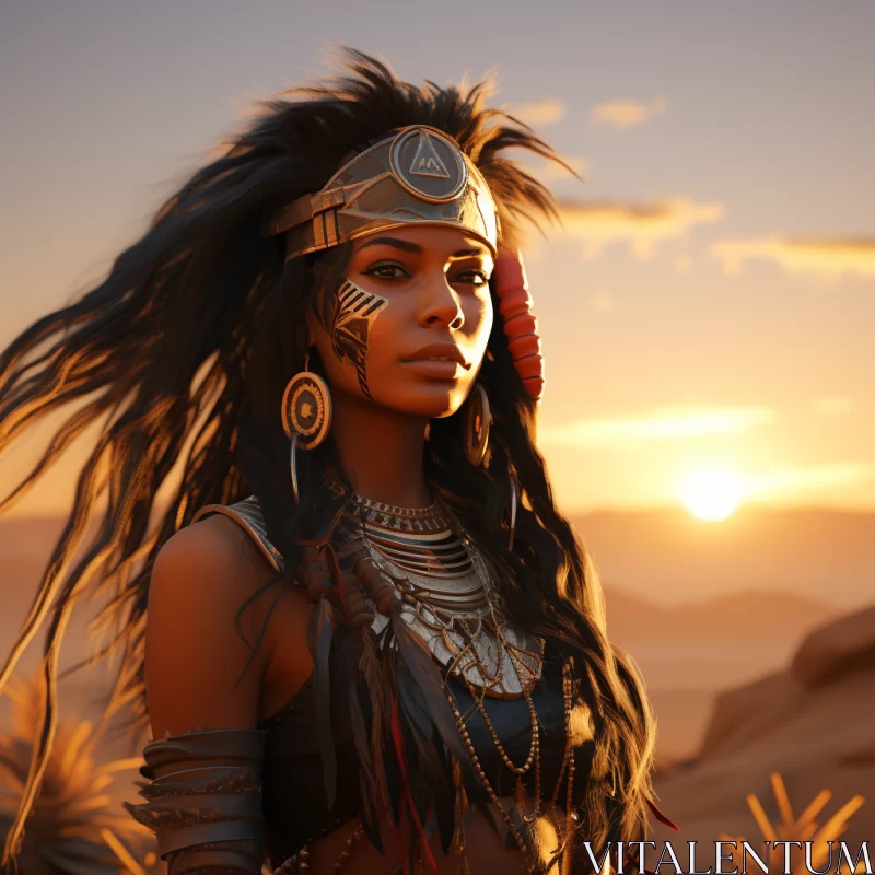 Native Woman in Traditional Attire at Sunset AI Image
