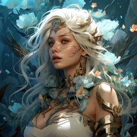 White Haired Warrior Woman Adorned with Flowers AI Image