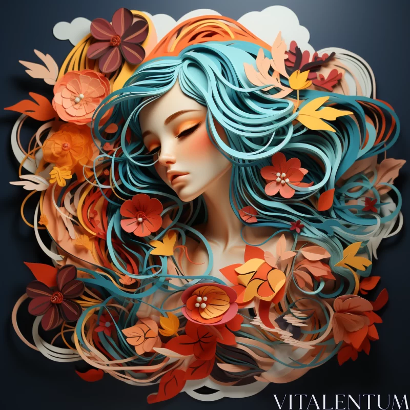 Intricate Paper Art of Woman with Blue Hair and Flowers AI Image