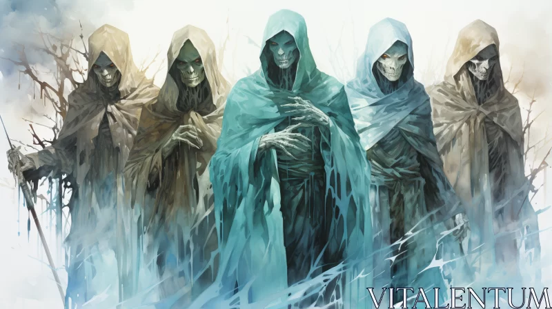 AI ART Grim Hooded Creatures in Frozen Marble - A Chilling Artwork