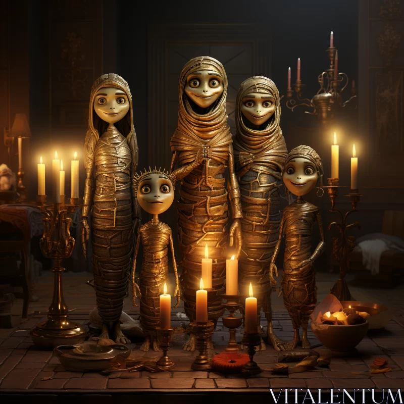 Mummy Family with Candles – A Playful, Yet Eerie Composition AI Image