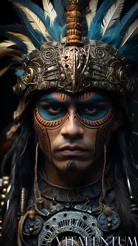 Indigenous Portrait: Feathered Jewelry and Intense Gaze AI Image