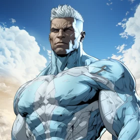 Blue Lightning Character with White Hair Against Blue Sky