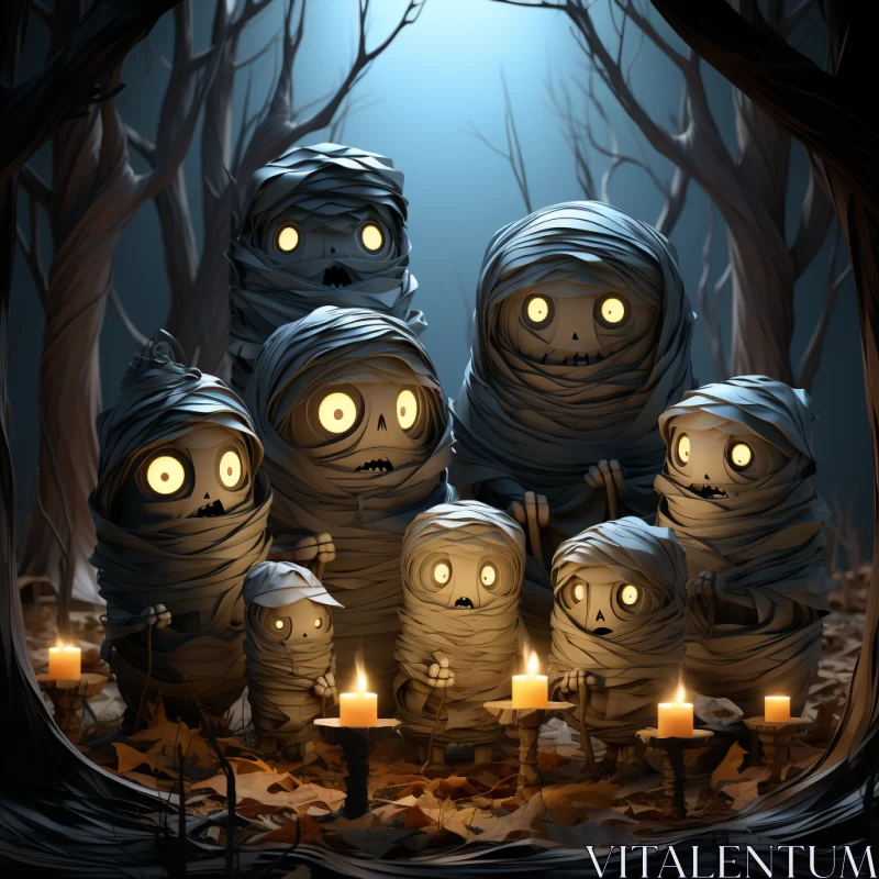Eerie Gathering of Mummies in the Woods - A Contest of Shadows AI Image